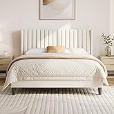 Yaheetech Queen Bed Frame Upholstered Platform Bed with Fabric Headboard, Wing Edge Design/Non-Slip and Noise-Free/Wooden Slats Support/No Box Spring Needed/Easy Assembly, Ivory Queen Bed