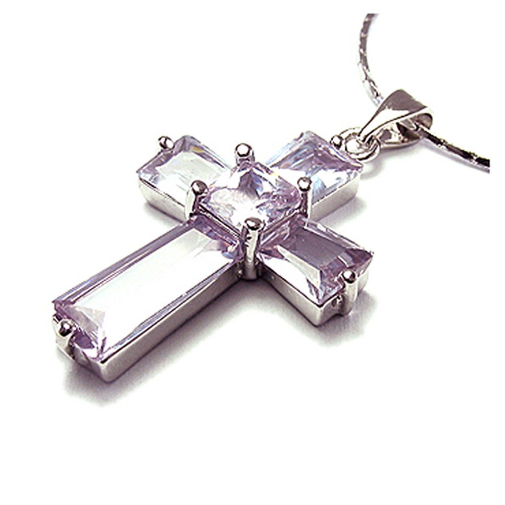 RIZILIA Crucifix Cross Pendant with 45cm(18") Chain & Trapezoid Square Cut Gemstones CZ [Tanzanite] in 18K White Gold Plated, Simple Modern Elegance