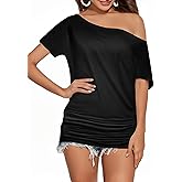 Buauty Womens Summer Off Shoulder Tops Casual Loose Short Sleeve T Shirts One Shoulder Tops Trendy Sexy Cute Tunic Tee