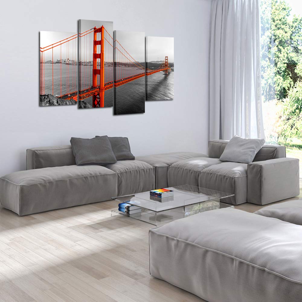Kreative Arts Extra Large 4 Pieces Black White Red Canvas Prints Wall Art San Francisco Golden Gate Bridge Pictures Cityscape Painting Printed on Canvas Art Work Walls Decoration L64xH43