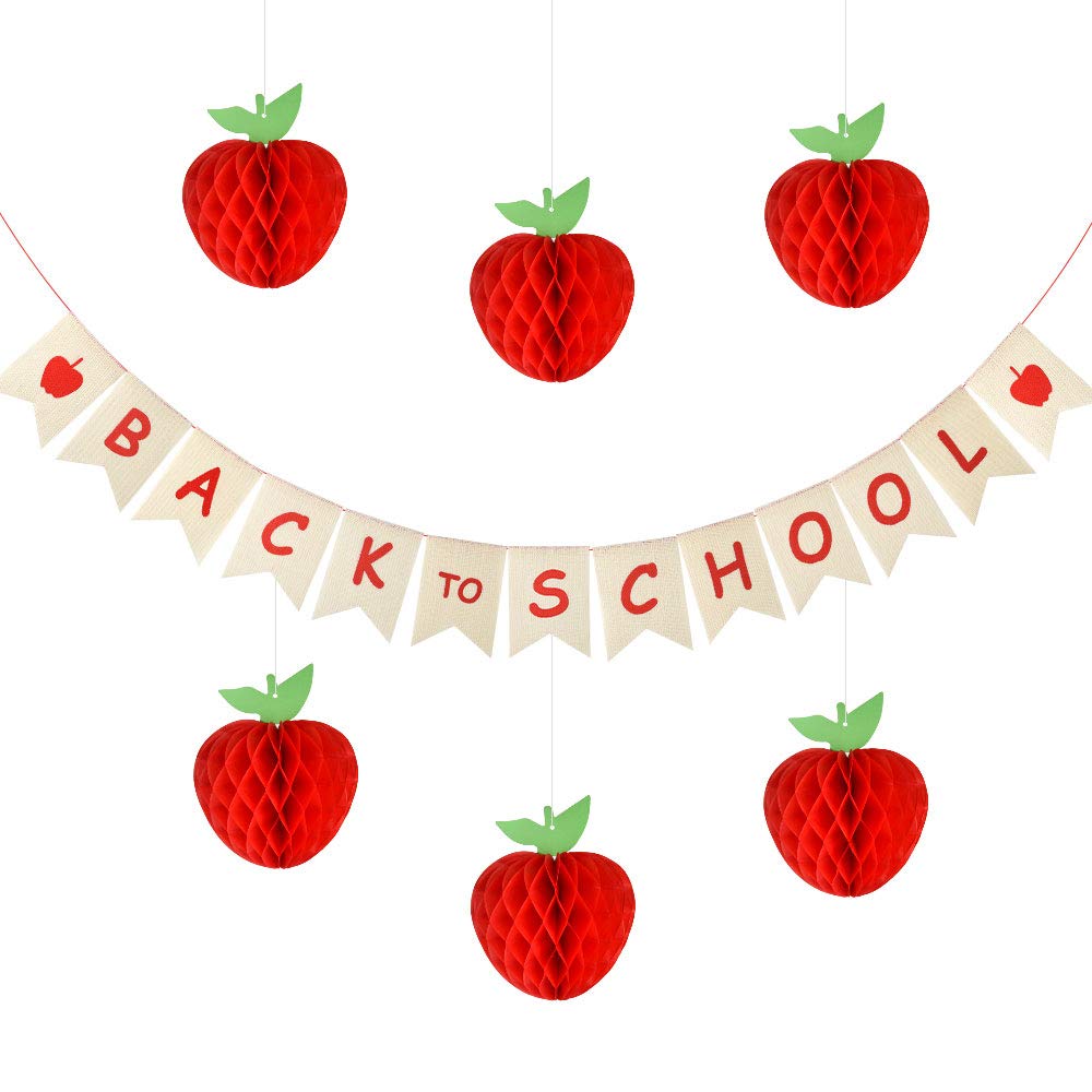 FEPITO Back To School Banner with Apple Sign and 6 Pack Honeycomb Tissue Paper Apple for First Day of School, Back to School Party Decoration