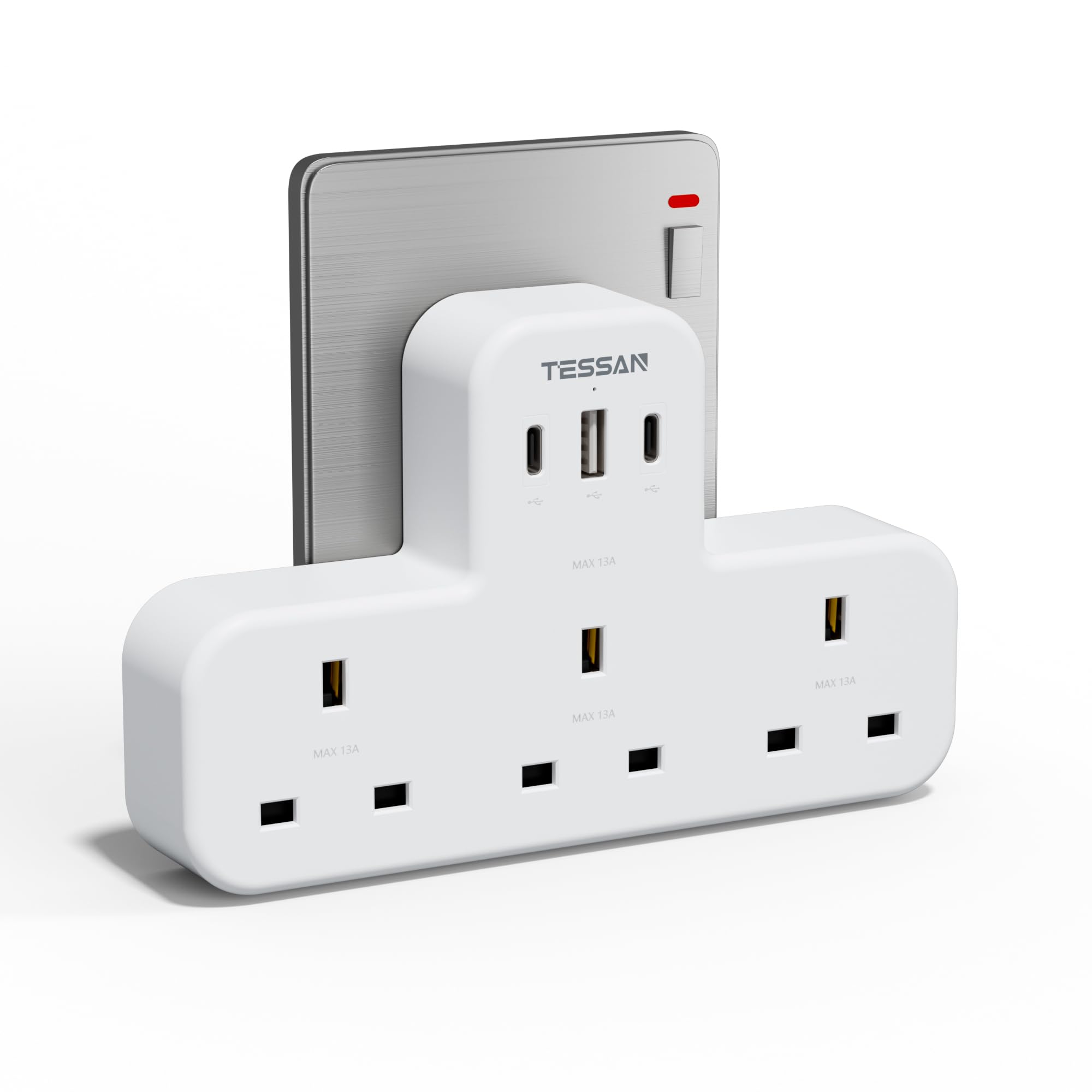 USB C Charger Plug UK, TESSAN 3 Way Plug Extension Socket with 3 USB, Multiplug Charging Station for School Home, Kitchen, Office, School Supplies