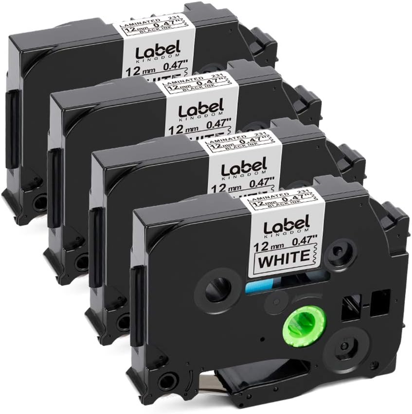 Label KINGDOM Compatible Labels Replacement for Brother P-Touch TZ TZe TZe-231 TZ-231 Label Tape for PT-D210 PT-H100 PT-D400AD PT-1290 Label Makers, 12mm 0.47 Inch Laminated Black on White, 4-Pack: Office Products