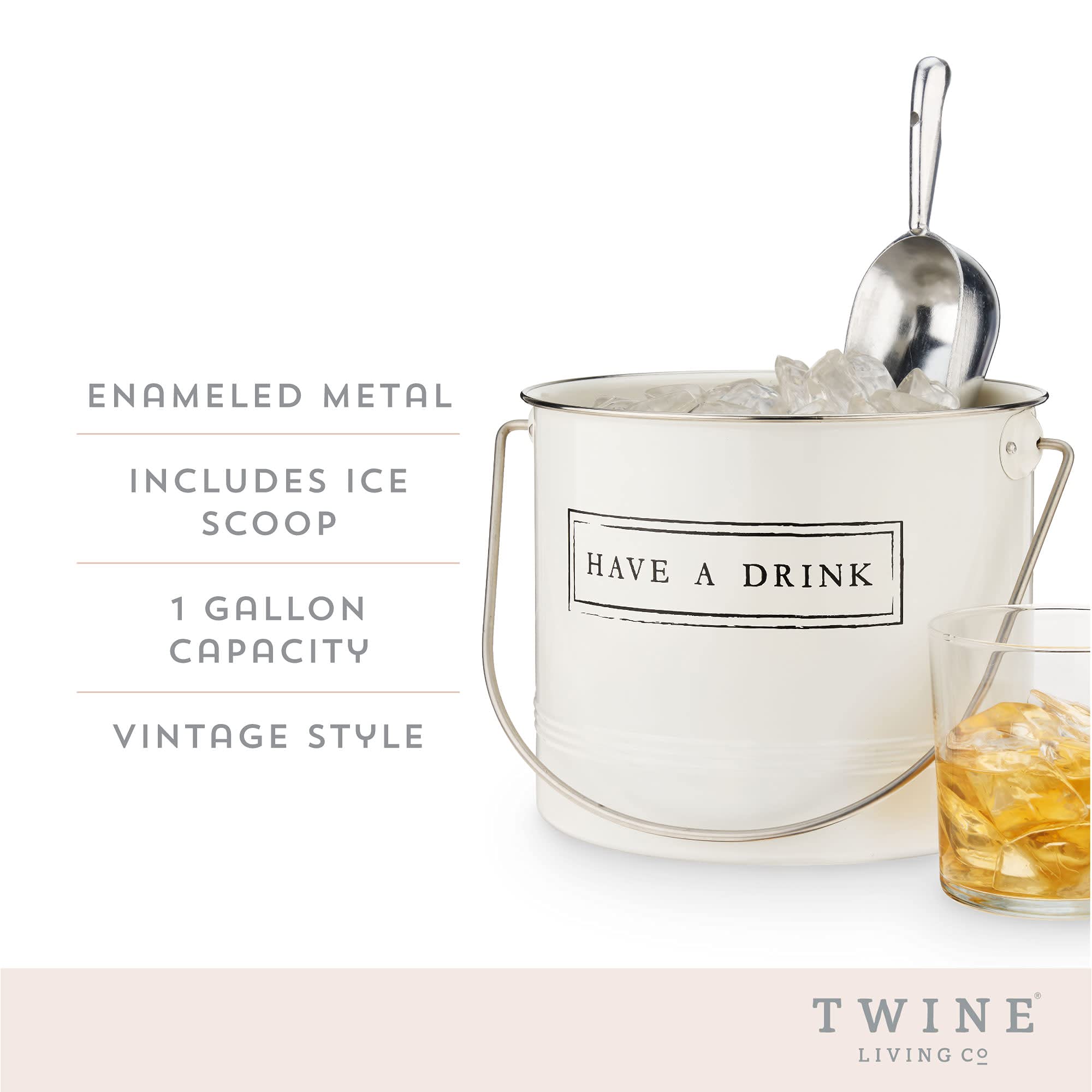 Twine Have A Drink White Enameled Metal Ice Bucket & Scoop for Parties - Wine Bottle And Beer Bottle Bucket in 1 Gallon