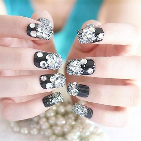 Amazon Co Jp 24個 セットプレスオンフェイクネイル女性用diyネイルデコレーションシャイニークリスタルインレイブラックロングフェイク ネイルのヒント Diy 工具 ガーデン