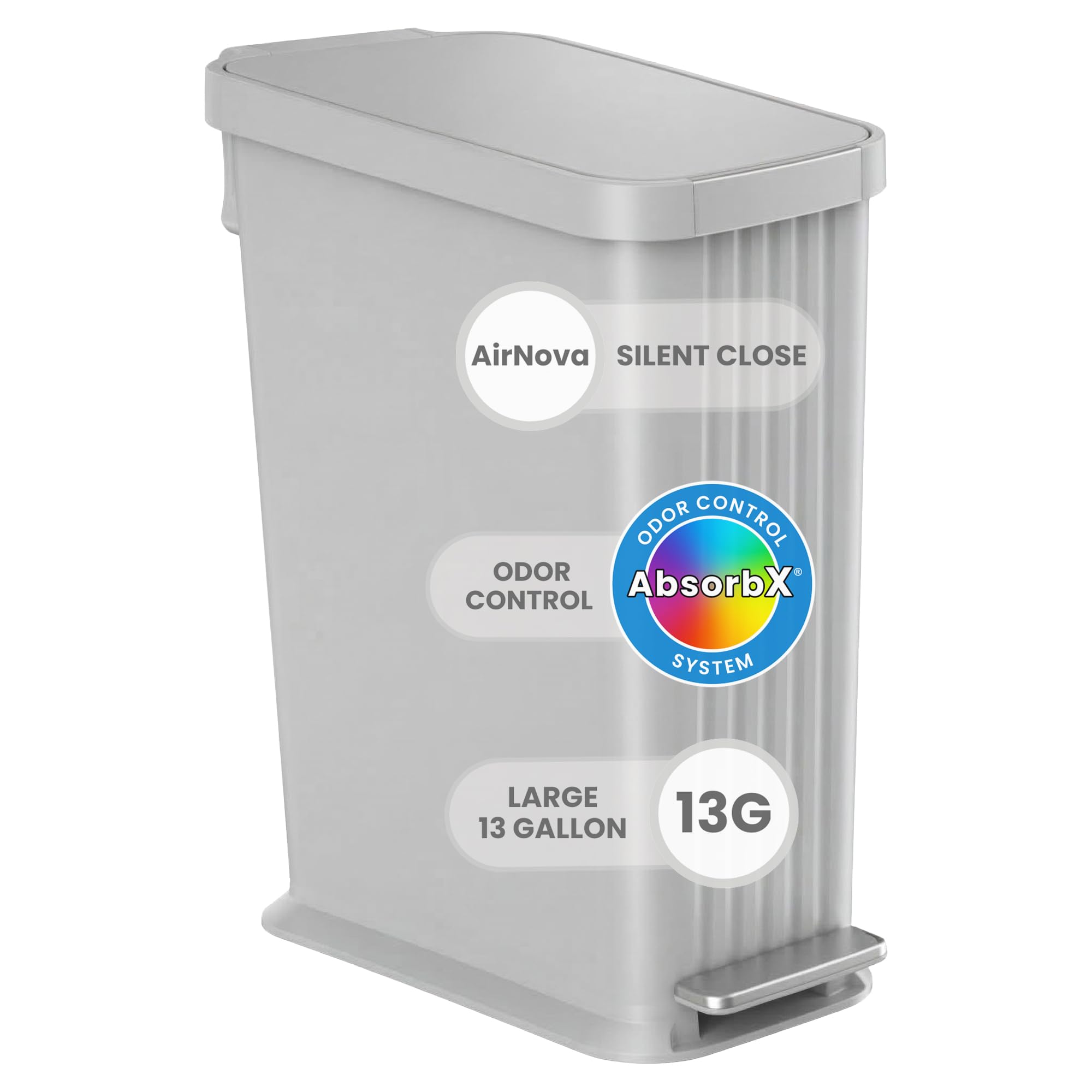 iTouchless SoftStep 50 L / 13.2 Gal Slim Step Pedal Kitchen Trash Can with Odor Filter, Durable Dent-Proof Construction and Stainless Steel Trim, Garbage Bin with Lid, Home Office, Stone Gray Plastic