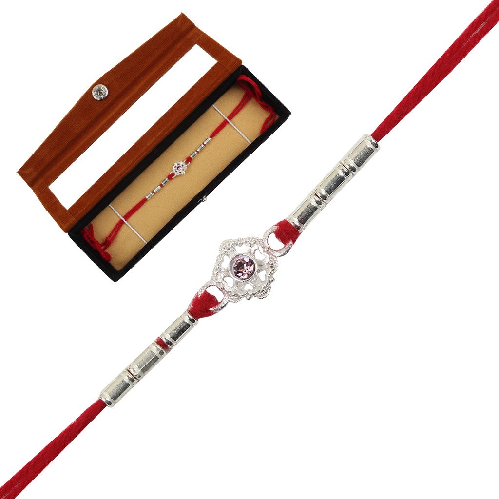 jewel fuel silver designer rakhi with velvet gift box