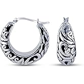 Charmsy 925 Sterling Silver Hoop Earrings | Women's Filigree Hoop Earrings | Openwork Mesh Filigree Cut Earrings | Lightweight Hypoallergenic Vintage Hoop Earrings for Women