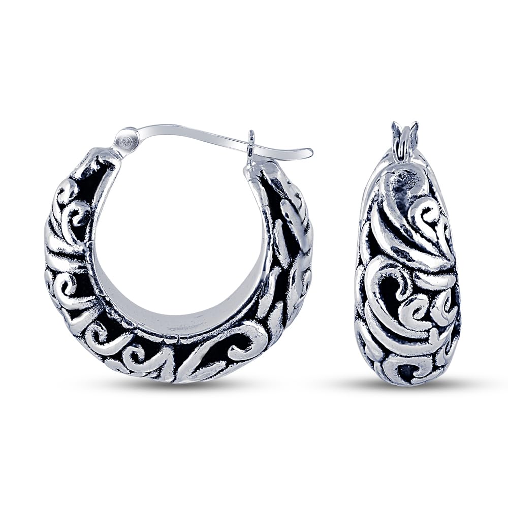 Charmsy 925 Sterling Silver Elegant 925 Sterling Silver Antique Filigree Hoop Earrings for Women | Women's Jewellery | Size 25mm | Lightweight Silver Earrings Jewellery Gift for Women