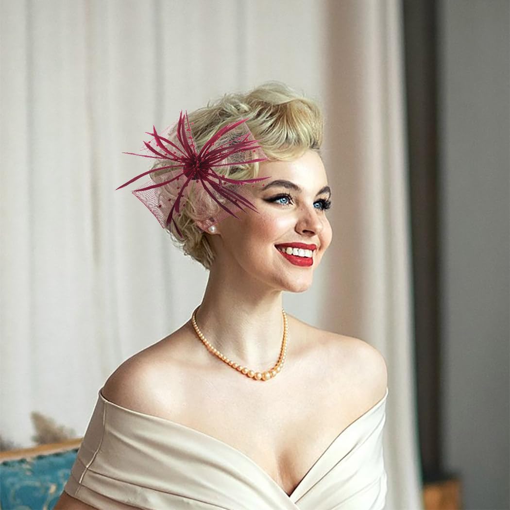 IYOU Feather Gatsby Hair Clip Wine Red Flapper Headpiece Vintage 1920 Festival Prom Hair Accessories for Women