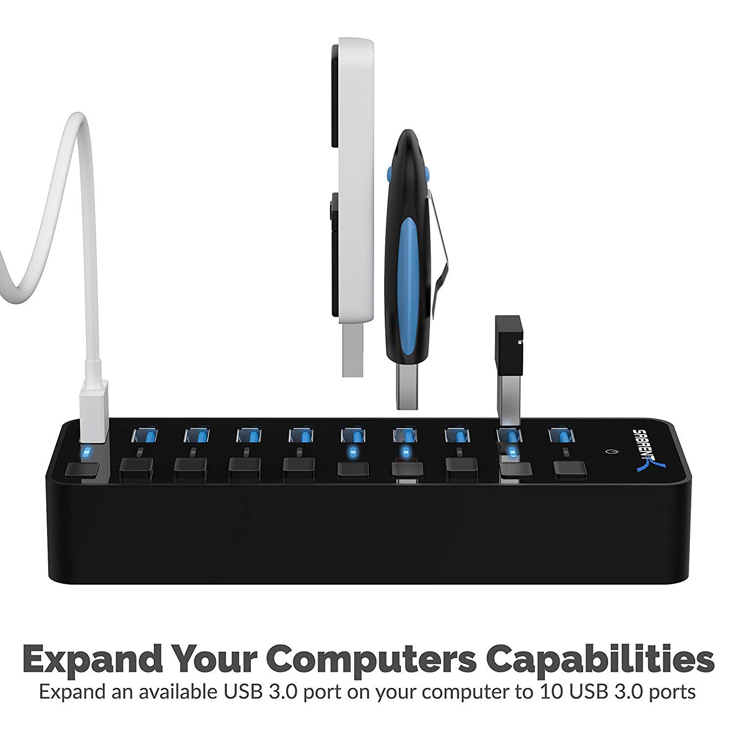 SABRENT 10-Port 60W USB 3.0 Hub with Individual Power Switches and LEDs, Includes 60W 12V/5A Power Adapter (HB-BU10)