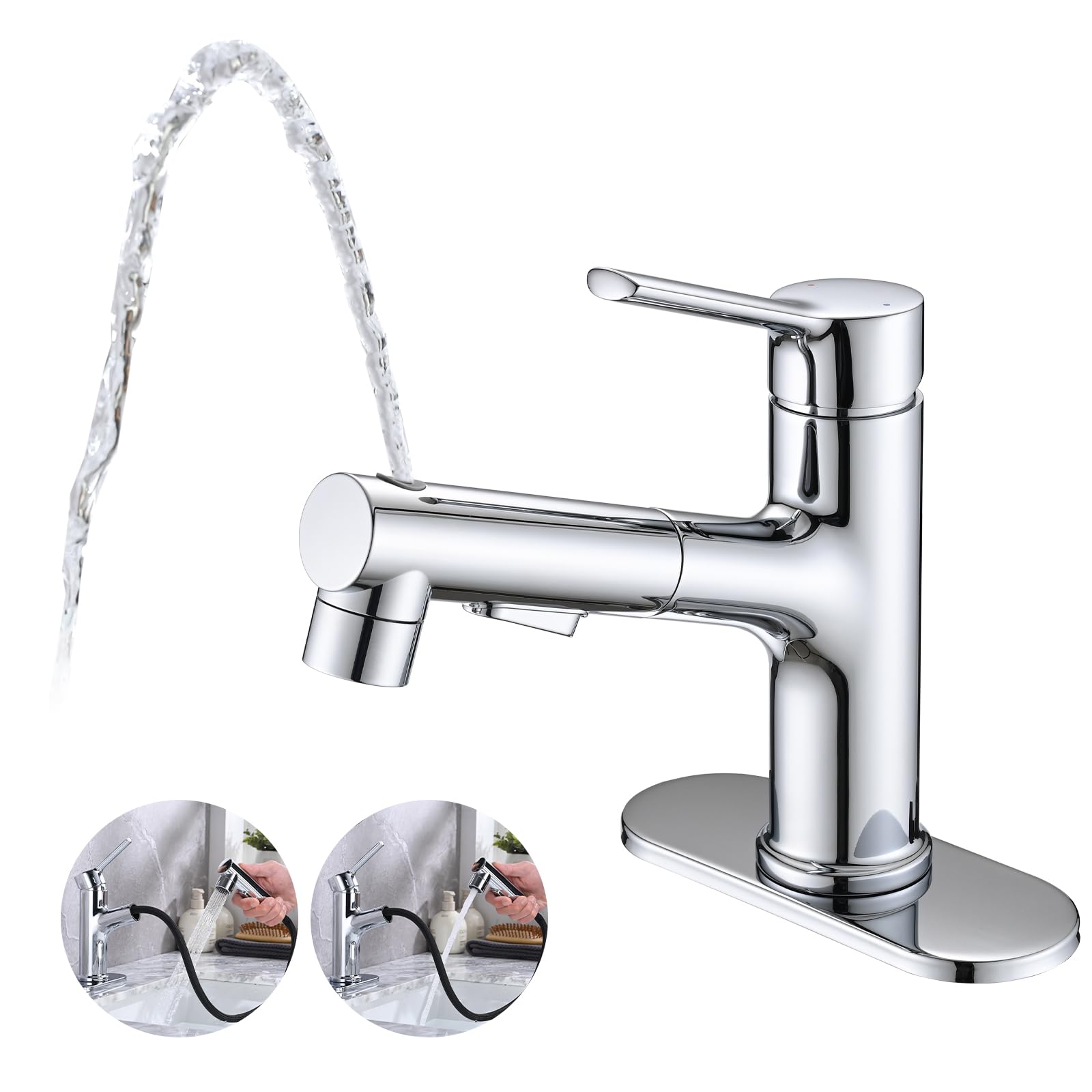 Photo 1 of Besfelos Bathroom Sink Faucet with Pull Out Sprayer, Single Handle Modern Bathroom Basin Faucet with Pop-up Sink Drain Stopper & Deck Plate 1 or 4-inch Centerset 3 Hole, Chrome