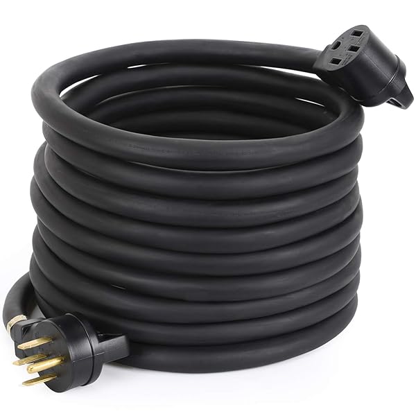 30FT 50 AMP RV EXTENSION CORD, OUTDOOR HEAVY DUTY STW 6/3+8/1, NEMA 14-50P TO 14-50R (125/250V 12500W), GRIP HANDLE, CORD ORGANIZER, UL LISTED（BLACK