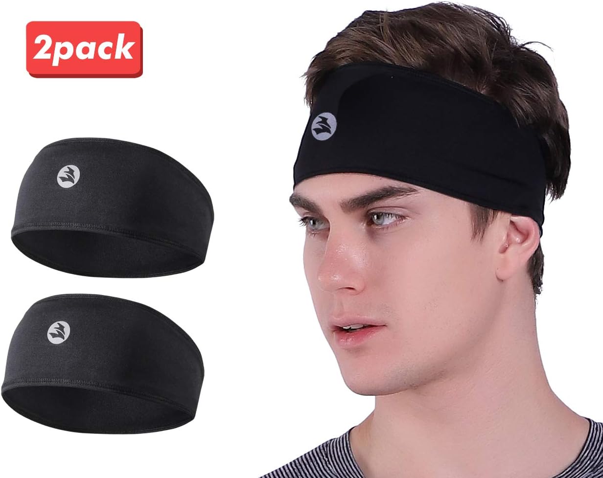 Empirelion Mens Stop Sweat Running Headband (2 Pack) W/Reflective Logo, Guys Double Layers Fast Drying Sports Cooling Sweatband and Helmet Friendly