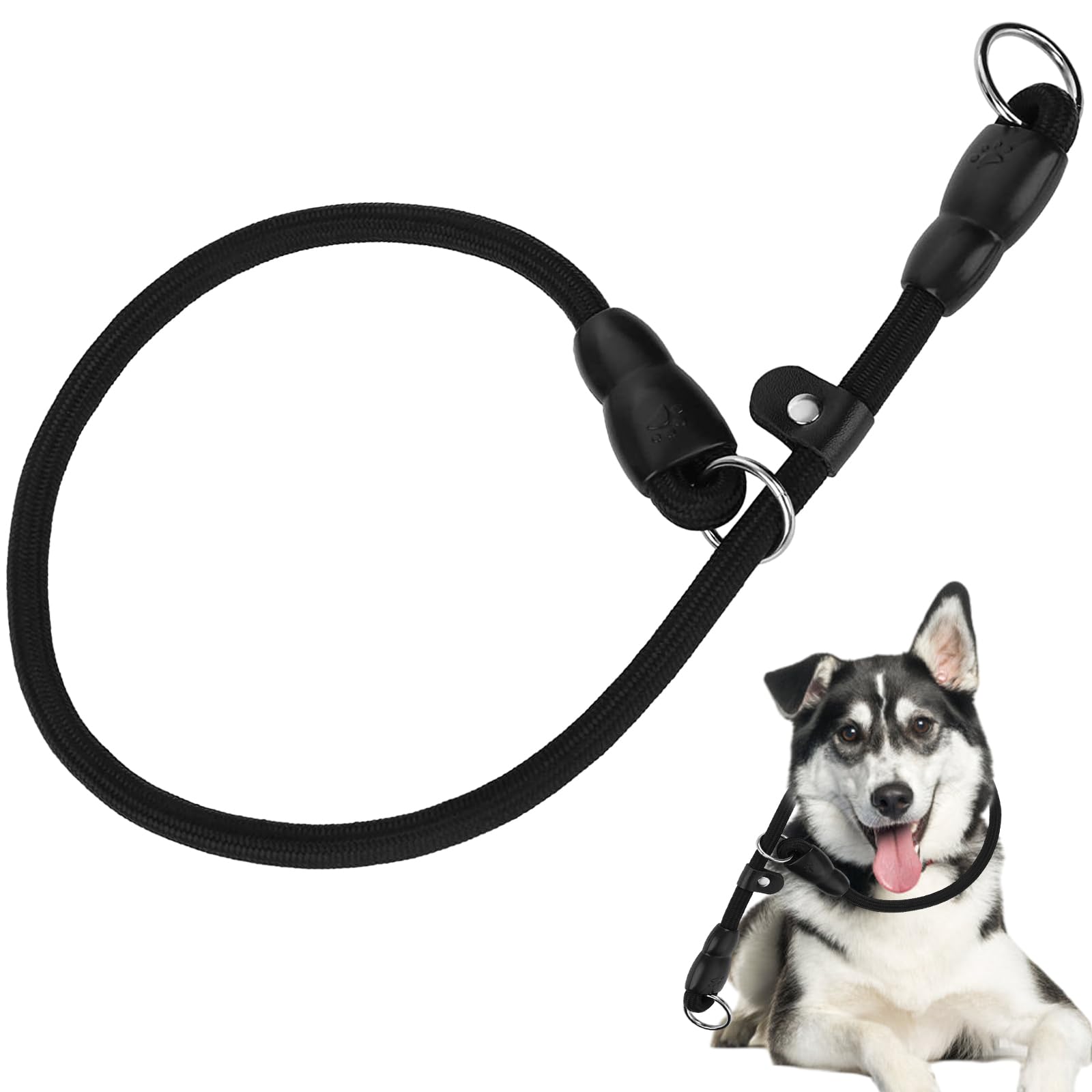 Nylon Slip Choke Collar - Adjustable Stopper, Round Rope Design for Dog Training, Fits Small to Large Dogs (Black)