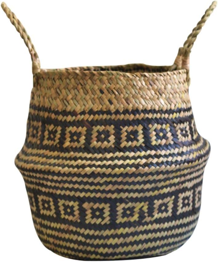 Yamer Woven Seagrass Belly Basket for Storage Foldable Laundry Picnic Plant Pot Cover Toy Storage Large 32 x 28 cm / 12.6 x 11 inches