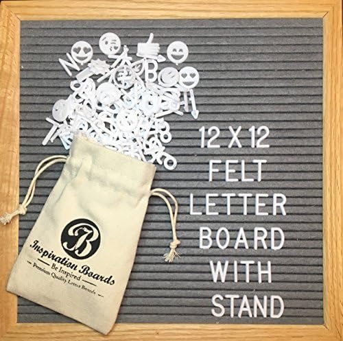 GRAY FELT LETTER BOARD - INSPIRATION BOARDS - 12x12 INCHES OAK FRAME CHANGEABLE LETTER BOARD INCLUDES 335 WHITE PLASTIC LETTERS &amp; SPECIAL EMJOI CHARACTERS WITH LETTER BAG, HANGER AND STAND