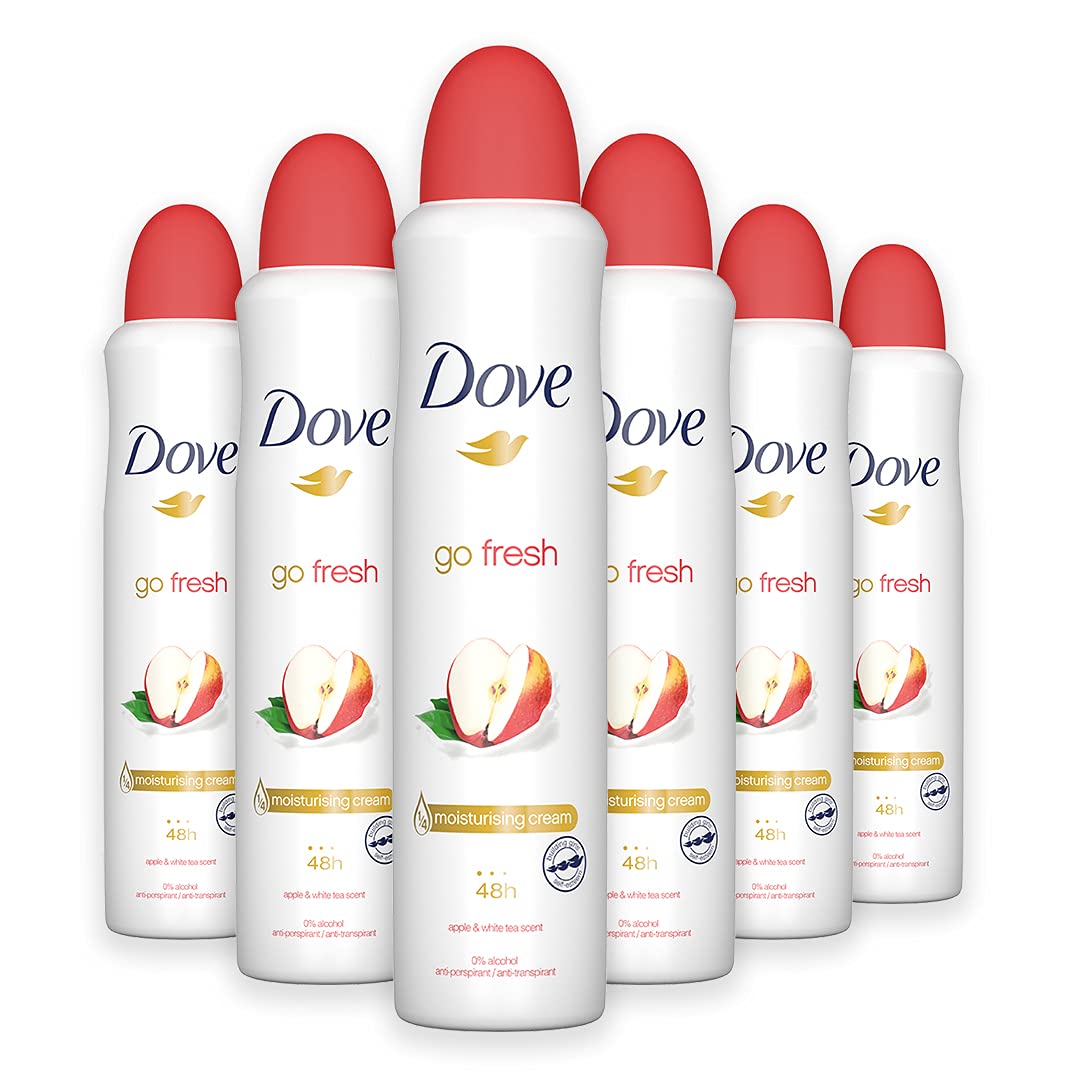 Dove Go Fresh Apple & White Tea, Women's Anti Perspirant Deodorant Aerosol Spray 250ml, Pack of 6