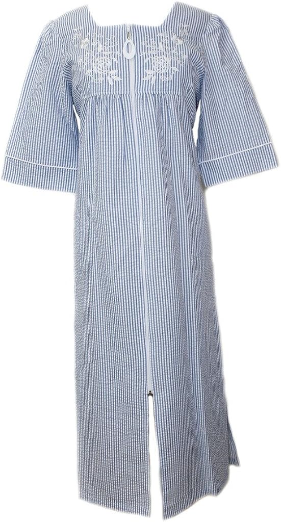 Miss Elaine Seersucker Long Square Neck Zip Robe in Navy Stripe