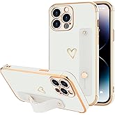 LLZ.COQUE for iPhone 14 Pro Case for Women Girls, Bling Luxury Plated Bumper with Cute Love-Heart Design, Adjustable Hand Strap Stand, Raised Edges Shockproof Protection for iPhone 14 Pro - White