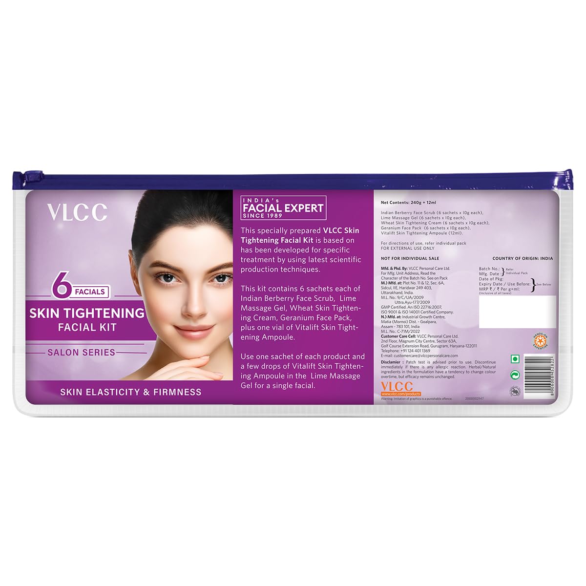 VLCC Skin Tightening Facial Kit (6 Facials) - 240g + 12ml | At Home Facial with Indian Berberry, Wheatgerm, Carrot Extracts & Geranium | Tightens & Firms Skin | Youthful Radiance