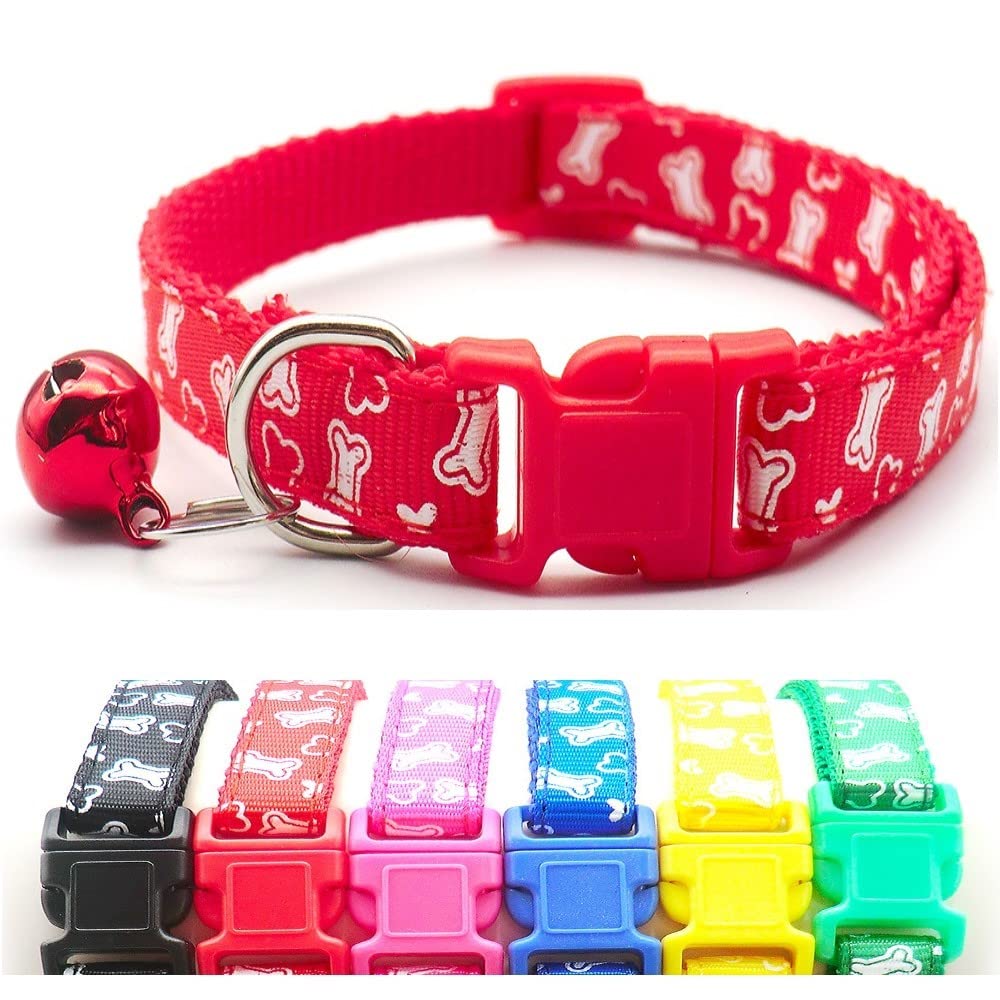 Small Dog Puppy Pet Collar White Bone Design with Bell Nylon Adjustable Size 19-32cm Red