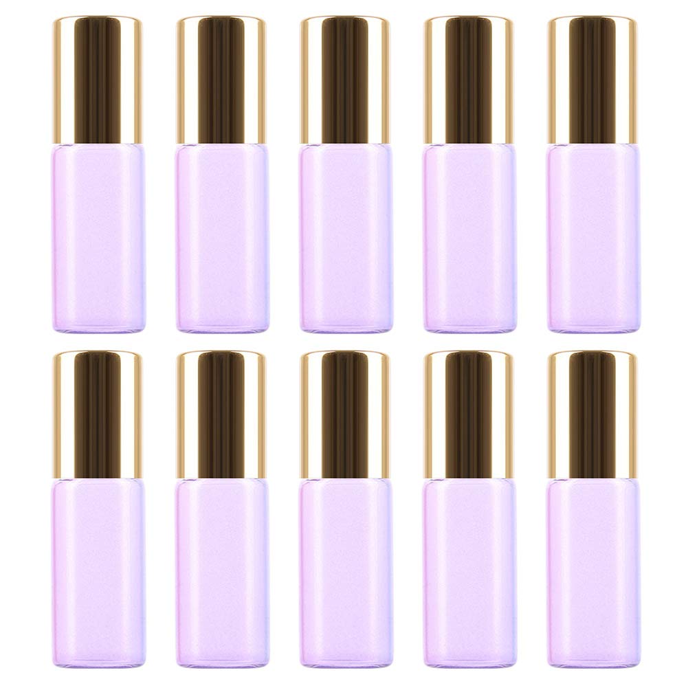 L&H Gadgets 10Pcs Essential Oil Roller Bottles 5ml Glass Refillable Dispensing Containers for Travel with Stainless Steel Roller Balls Perfect for Aromatherapy, Essential Oils, Fragra (Purple)