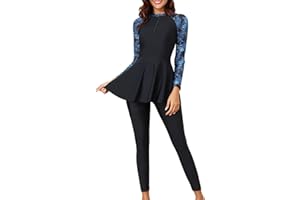 Women's Modest 2 Piece Bathing Suit with Pants Long Sleeve Full Coverage Swim Dress Tummy Control Rash Guard Muslim Swimwear