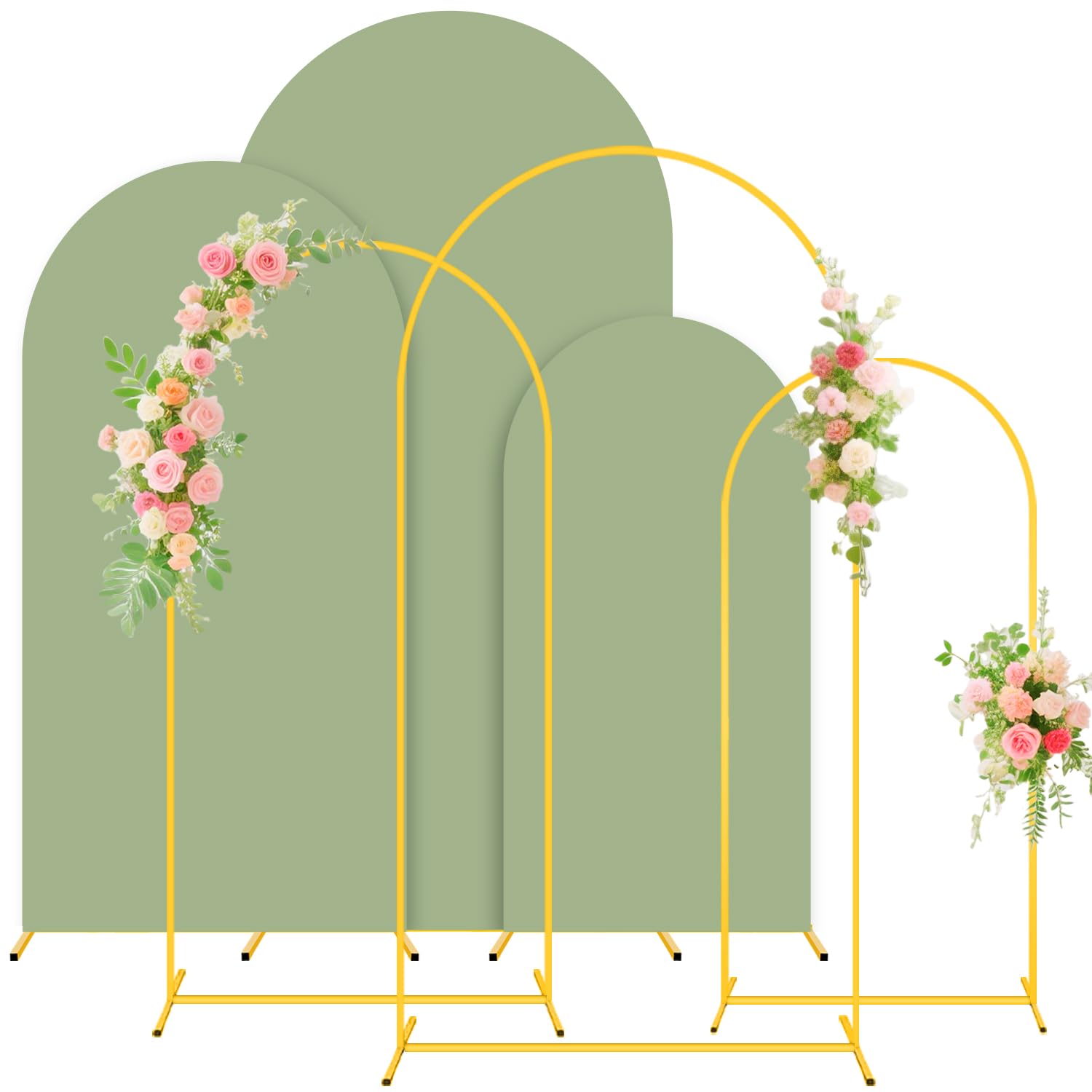 Photo 1 of FUHSY Set of 3 Wedding Arch Backdrop Stand and Cover Set 7.2FT, 6.6FT, 6FT Metal Arch Backdrop Stand with Sage Green Spandex Arch Stand Cover Wedding Arches Frame for Birthday Bridal Baby Shower Event