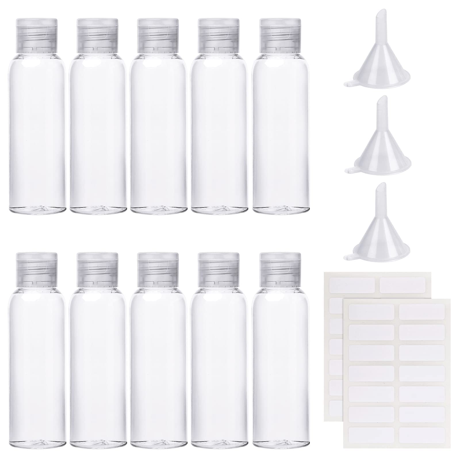 Sinofort 10Pcs 100ML Empty Travel Bottles Container Flip Cap Bottles Cosmetic Bottles with Funnels Syringe and Labels for Travel or Cosmetic(100ML)