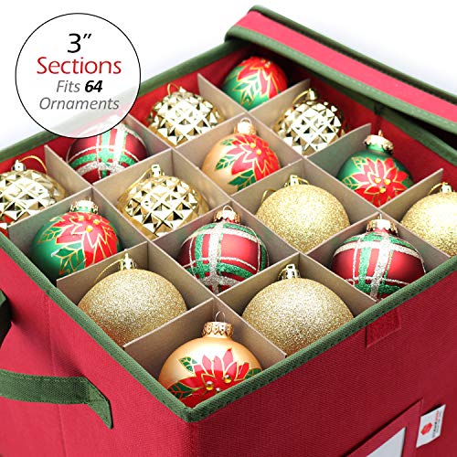 StorageMaid Christmas Ornament Storage Box - 4 Pack Ornament Box Organizer Fits Up to 64 Balls - Christmas Decoration Storage Containers with Exclusive Velcro Cover & Finger Slot