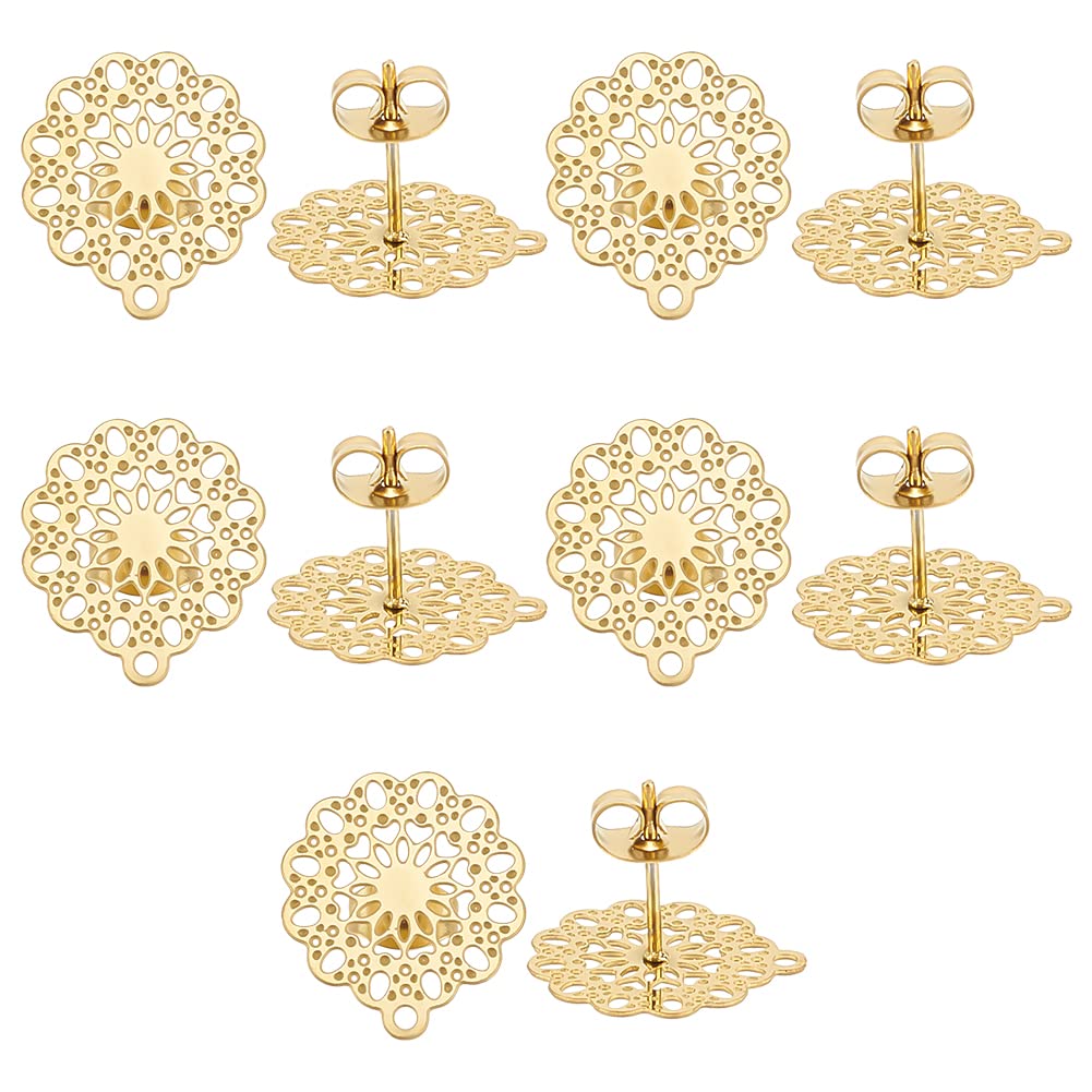 UNICRAFTALE 10pcs Stainless Steel Hollow Stud Earring Posts Back Set with Loop Golden Flower Earring Pad Base Butterfly Stoppers DIY Earring Components for Jewelry Making 16x14mm Hole 1mm, Pin 0.7mm