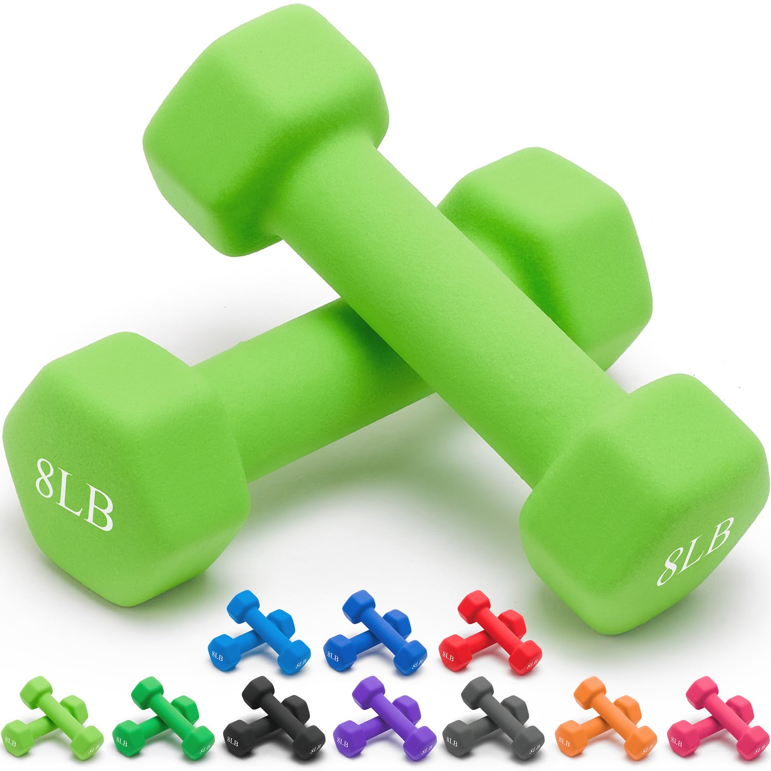 Portzon Set of 2 Neoprene Dumbbell Hand Weights, Anti-slip, Anti-roll, Green (Neoprene Dumbbells)