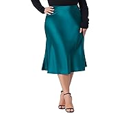 Agnes Orinda Plus Size Silky Satin Skirt for Women High Waist Hidden Elasticized Waistband Flared Casual a Line Midi Skirt