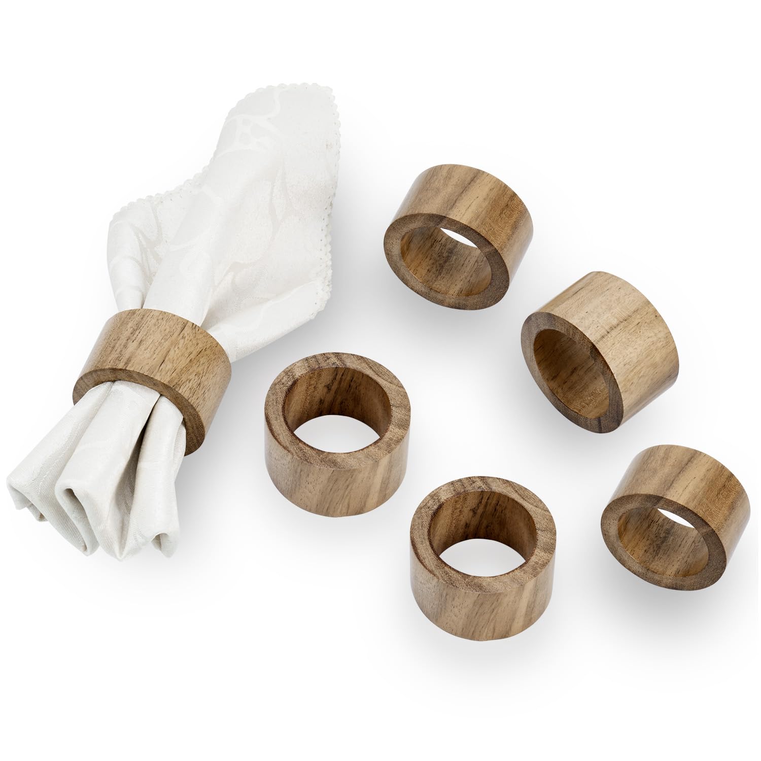 Photo 1 of MyGift Rustic Natural Solid Acacia Wood Rings for Cloth Dinner Napkins, Decorative Napkin Holders for Dining Serviettes, Set of 6 - Handcrafted in India