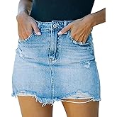 GOBLES Women's Sexy Mid Waist Zipper Closure Frayed Raw Hem Ripped Mini Denim Skirts