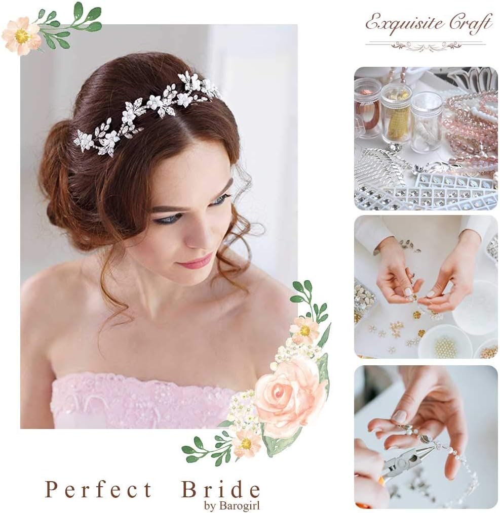 Zoestar Bride Wedding Crystal Headband Flower Bridal Hair Vine Piece Silver Wedding Hair Accessories for Women (Silver) - Image 5
