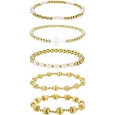 RINHOO14K Gold Plated Beaded Bracelets Set for Women Stackable Dainty Pearl Cross Bracelet Adjustable Elastic Jewelry