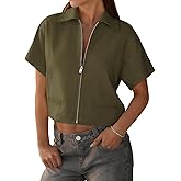 Tankaneo Womens Trendy Vest Top Summer Casual Short Sleeve Zip Up Blazer Cropped Loose Fit Collared Blouses