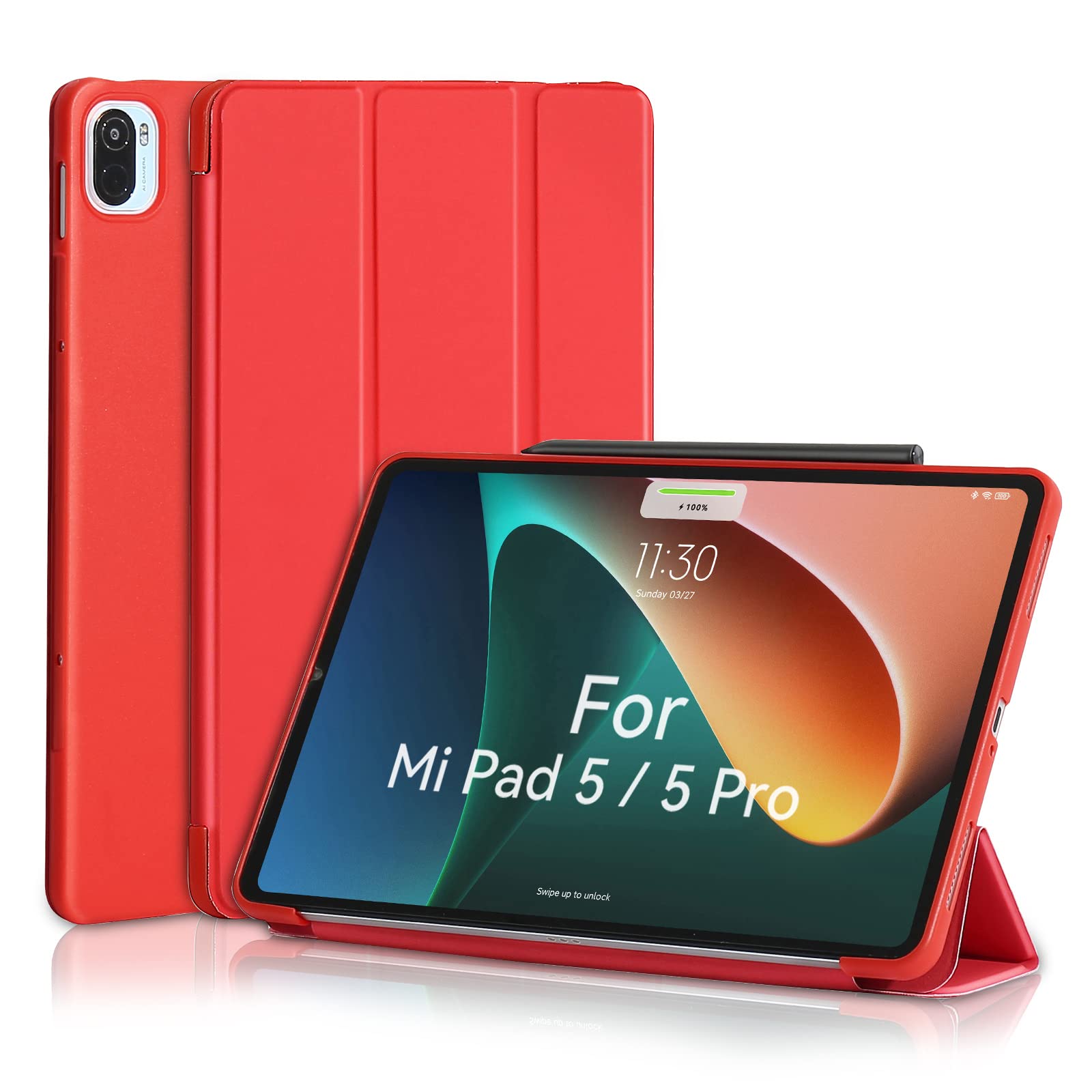 MuyDoux Case for Xiaomi Mi Pad 5/5 Pro 11 inch, Slim Tri-Fold Cover with Auto Wake/Sleep, Red