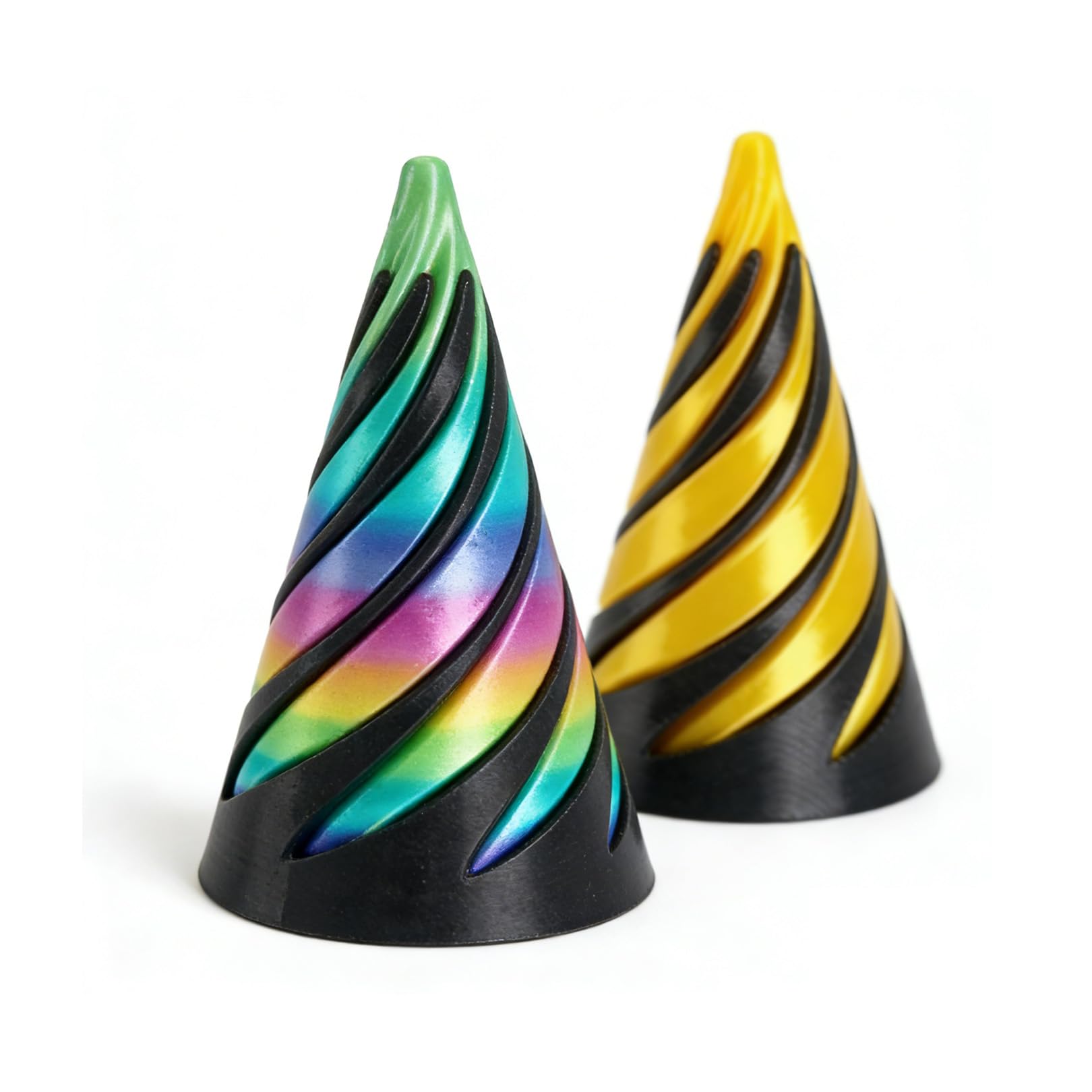 2 Pcs 3D Printed Spiral Cone Fidget Toy,Impossible Pyramid,Spiral Fidgets,Kinetic Desk Toy for Stress Relief&Anxiety Relaxing,Home Office Desk Decoration and Gifts (Black Rainbow+Black Gold)