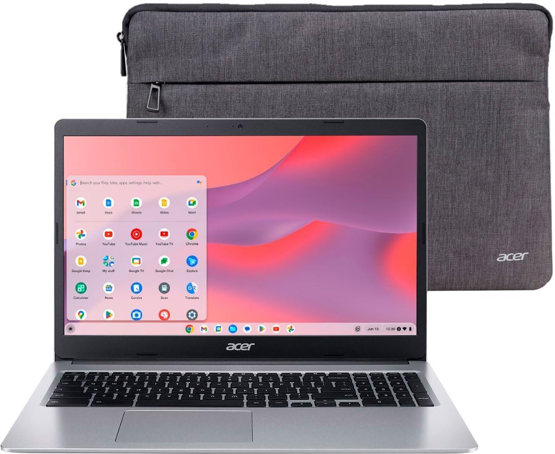 Photo 1 of acer Chromebook 315 15.6 HD Laptop, Intel Celeron N4020, 4GB RAM, 64GB eMMC, Chrome OS + Protective Sleeve, Silver