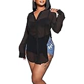 EDITCOZY Women's Sheer Cover Ups Button Up Blouse Sexy Long Sleeve Slit Hem Mesh See Through Shirts Tops