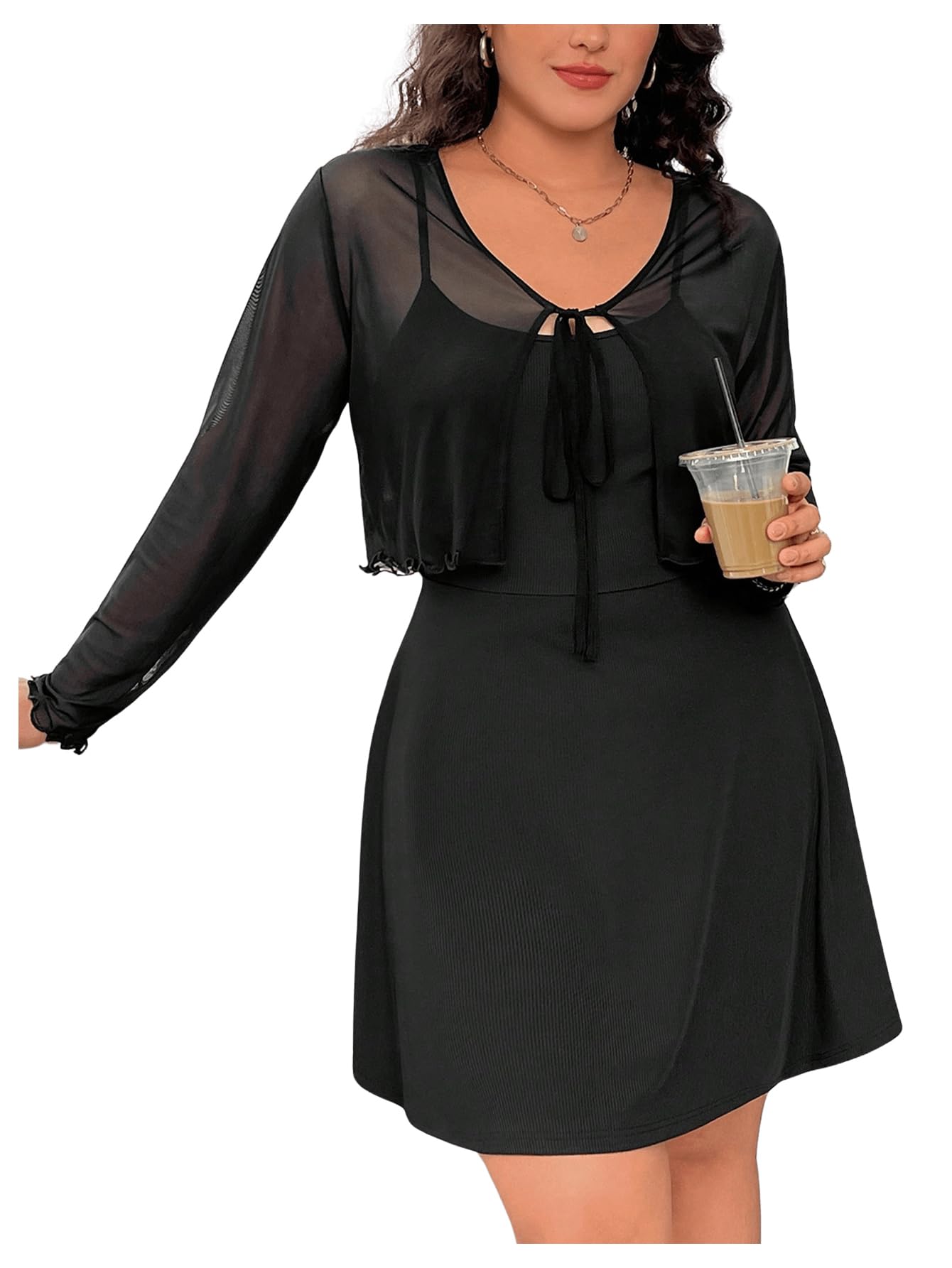 Photo 1 of *MISSING CARDIGAN* OYOANGLE Women's Plus Size 2 Piece Outfits Spaghetti Strap Dress with Sheer Mesh Cardigan Black 3XL
