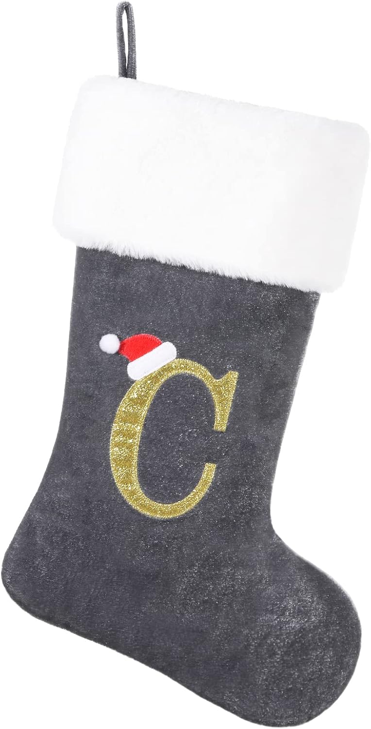 Stockings & Holders - SIRIPHUM 20 Inches Monogram Christmas Stocking Deluxe Grey Velvet Body with Super Soft Plush Cuff Embroidered Letter(C)