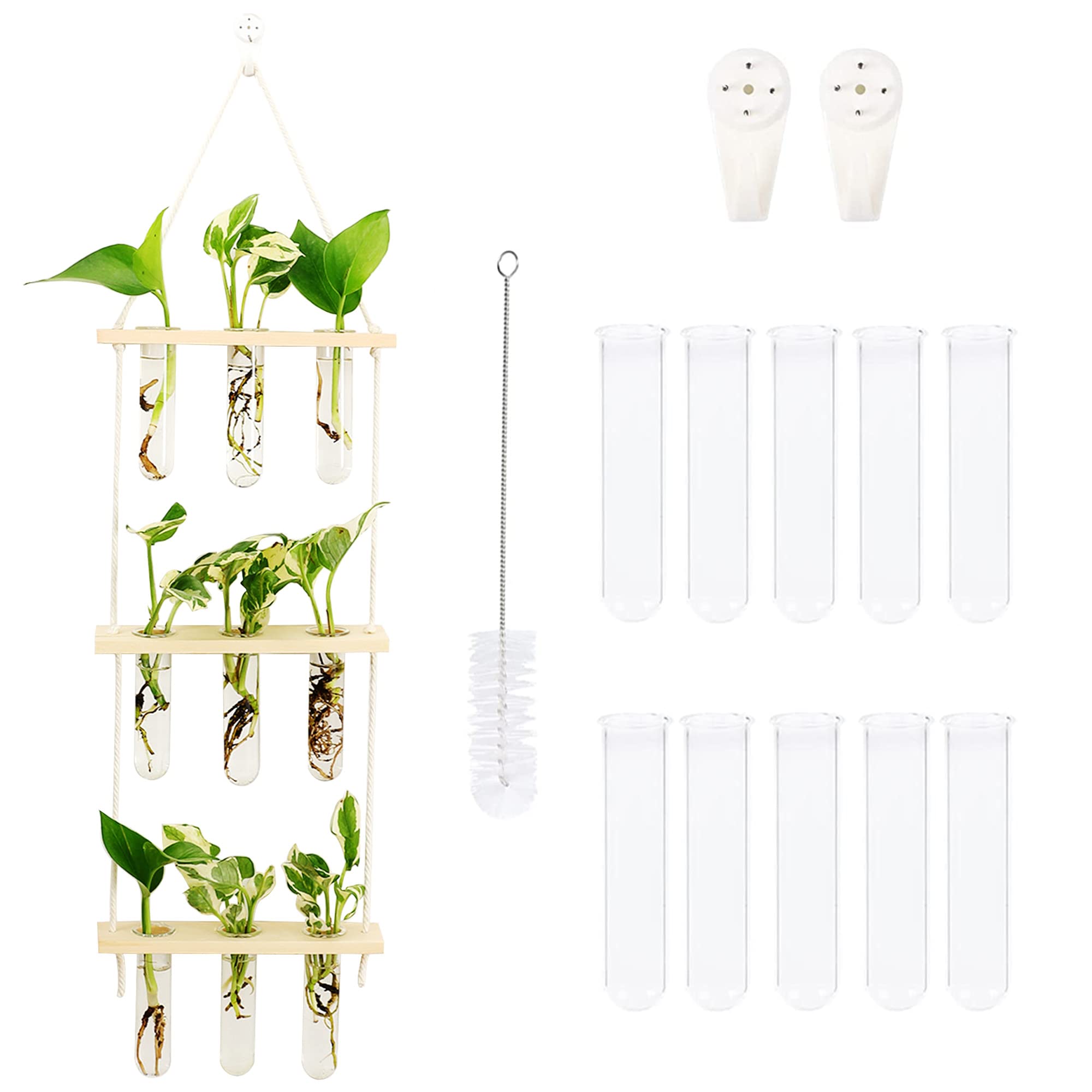 Woohome Wall Hanging Planter Glass Terrarium, 3 Tiered Mini Test Tube Plant Terrarium Wooden Stand Hanging Test Tube Vase Plants Flowers Home Garden Office Decor, Wood color