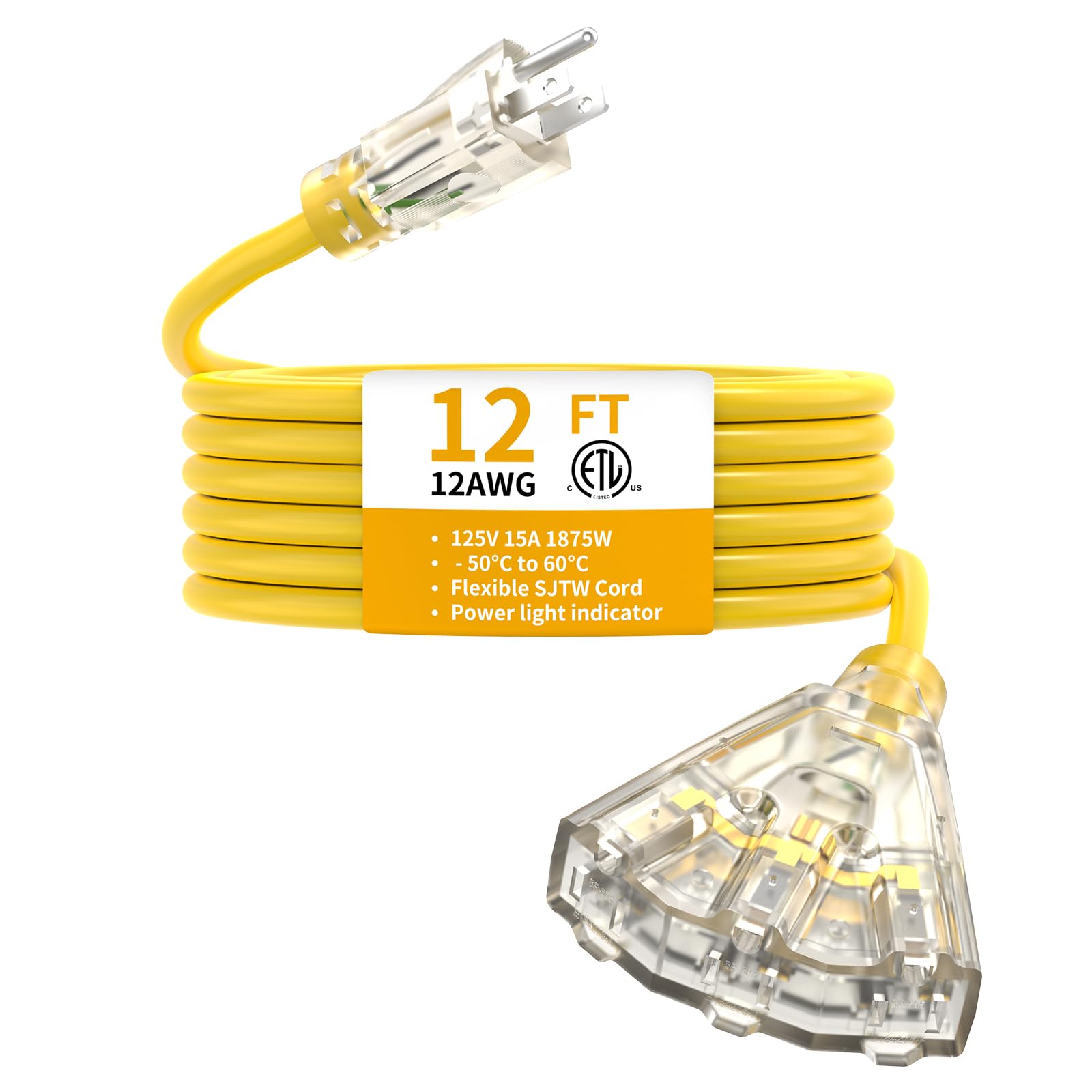 Photo 1 of 12FT 12 Gauge Heavy Duty Outdoor Extension Cord Waterproof with 3 Outlets & Lighted End, SJTW 15A 1875W 3-Prong Yellow Flexible Power Cord for Indoor Outside Decorations Garage, Garden, ETL