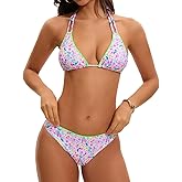 Aswwid Two Piece Triangle String Bikini Set Cute Floral Halter Bathing Suit for Women Self Tie Sexy Swimsuit