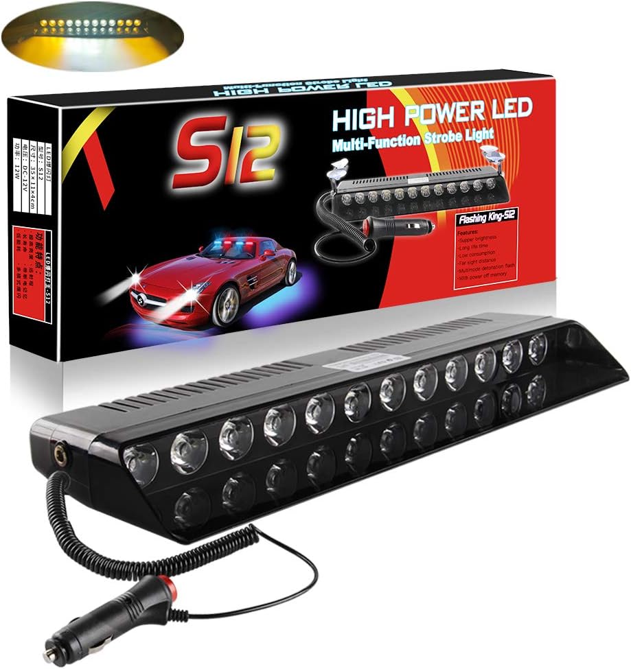 Sidaqi Car Truck Emergency Strobe Flash Light 12V 12W Bright Windshield Dashboard Interior Warning Light Bar 12 LED, Amber White Amber