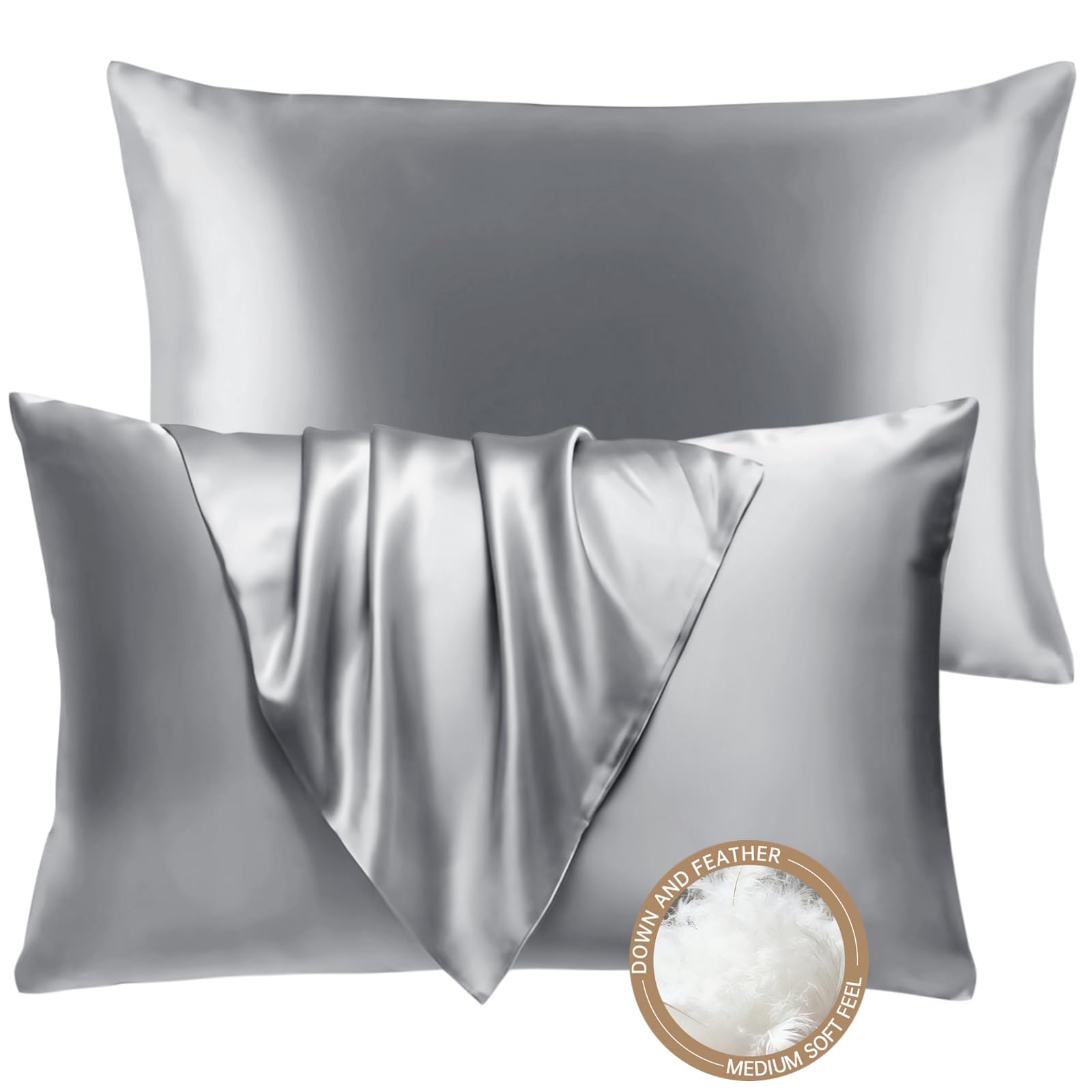 Photo 1 of ***MISSING PARTS***
BHZ Grey Satin Goose Down Feather Pillows Queen Size Set of 2 with Satin Pillowcase for Hair and Skin, Cooling Pillow Cases Similar to Silk Pillow Cases, Decorative for Women, Mom Men